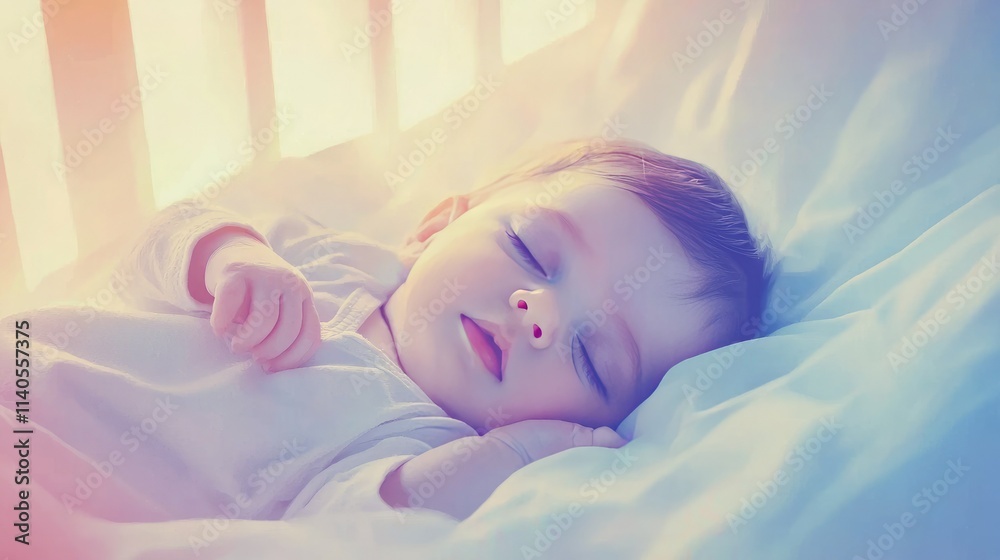 Poster icon-style image of a sleeping baby in a crib, with soft lines and pastel colors.