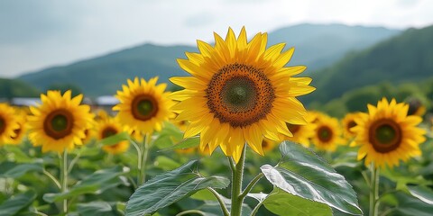 Obraz premium A vibrant sunflower stands tall amidst a field of sunflowers, showcasing its bright yellow petals against a lush green backdrop.