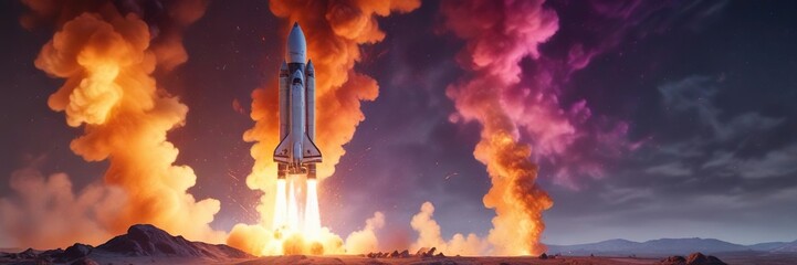 Rocket launch with vibrant smoke and colorful flames , dynamic, bright, luminous