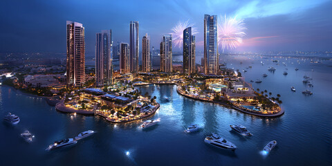 Naklejka premium Modern City Skyline with Lights and Reflections at Night