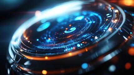 Futuristic Technology Interface: A Close-Up of a Sleek, High-Tech Device Displaying a Dynamic, Data-Driven Interface with Vibrant Blue and Orange Hues.