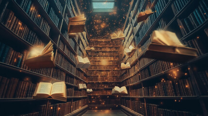 Naklejka premium Magic Library with Floating Books. Concept of Imagination, Knowledge, and Discovery
