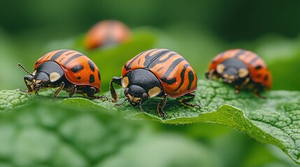 Fototapeta premium Three orange and black ladybugs on a green leaf.