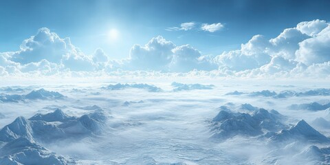 Fototapeta premium A breathtaking aerial view of snow-capped mountains under a bright blue sky, creating a serene winter atmosphere.