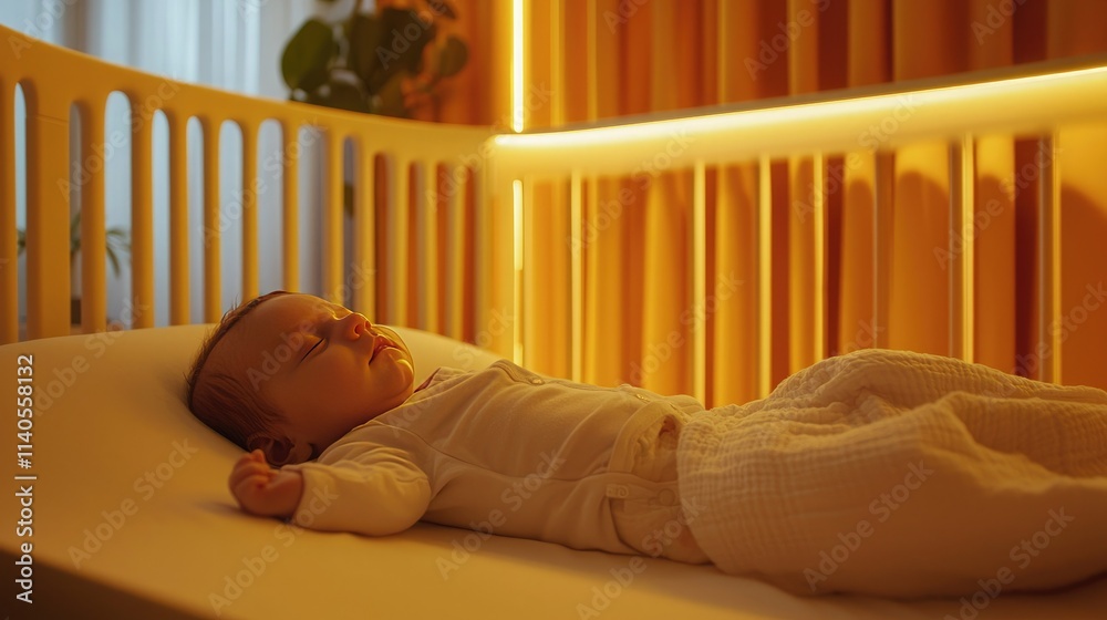 Poster baby resting in a modern crib with gentle lighting and a serene atmosphere.
