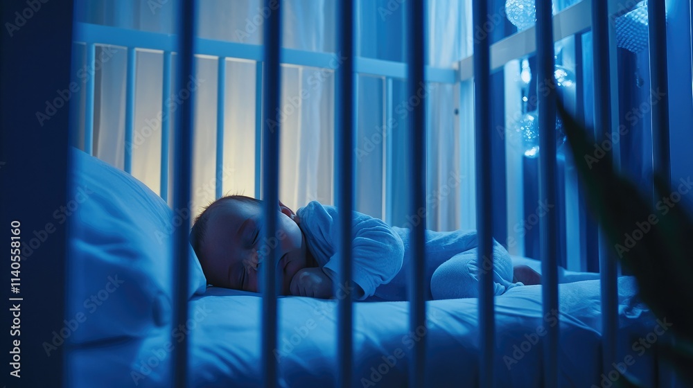 Poster baby resting in a modern crib with gentle lighting and a serene atmosphere.