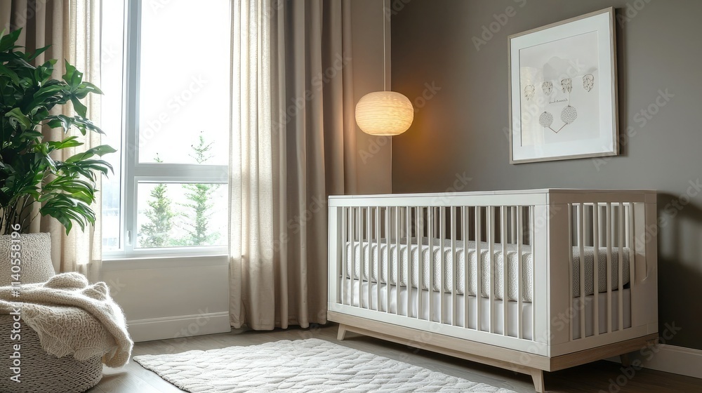 Poster baby resting in a modern crib with gentle lighting and a serene atmosphere.
