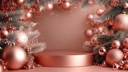 3D pink Render Christmas product podium with Christmas Trees, and Gift Boxes background template