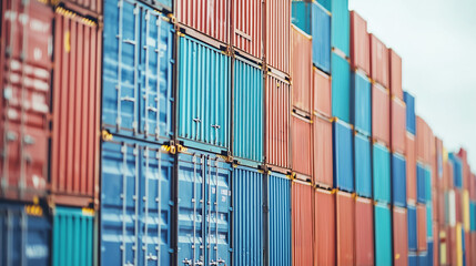 Fototapeta premium Stacked shipping containers in vibrant colors at port, showcasing industry