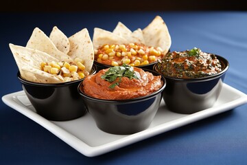 Vibrant close-up of delicious dips and tortilla chips served for Valentine\'s Day celebration. Generative AI