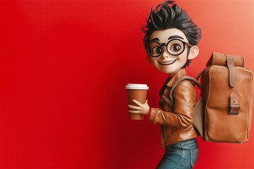 A cheerful young cartoon-style man holding a coffee cup with a backpack, standing against a bold red background. A vibrant concept for travel, lifestyle, or coffee themes.