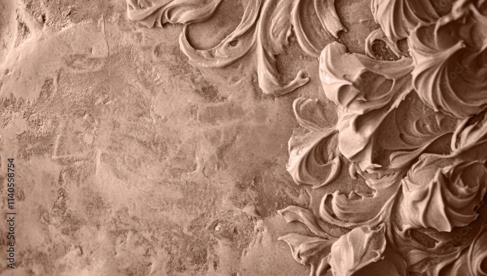 Poster a close-up of the intricate brown clay wall decoration on the right side, shot in mocha mousse tones
