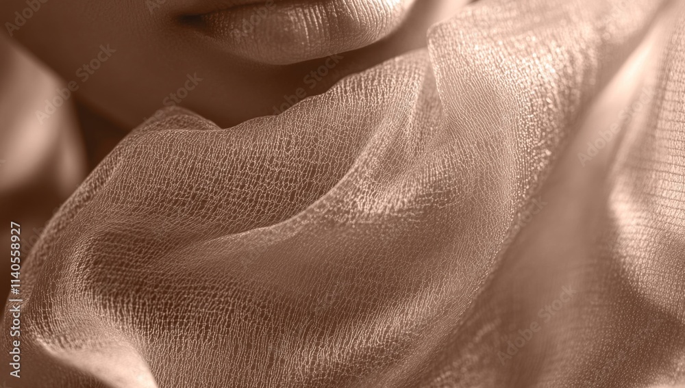 Poster Elegant fabric draped over the face, creating soft shadows and highlights.  This composition emphasizes both the textural beauty and visual allure associated with fashion photography.