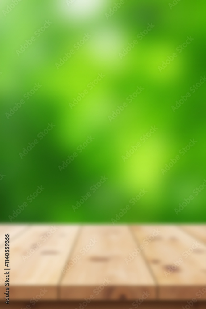 Poster a minimalist wooden tabletop with an abstract green blur in the background for a design or product s