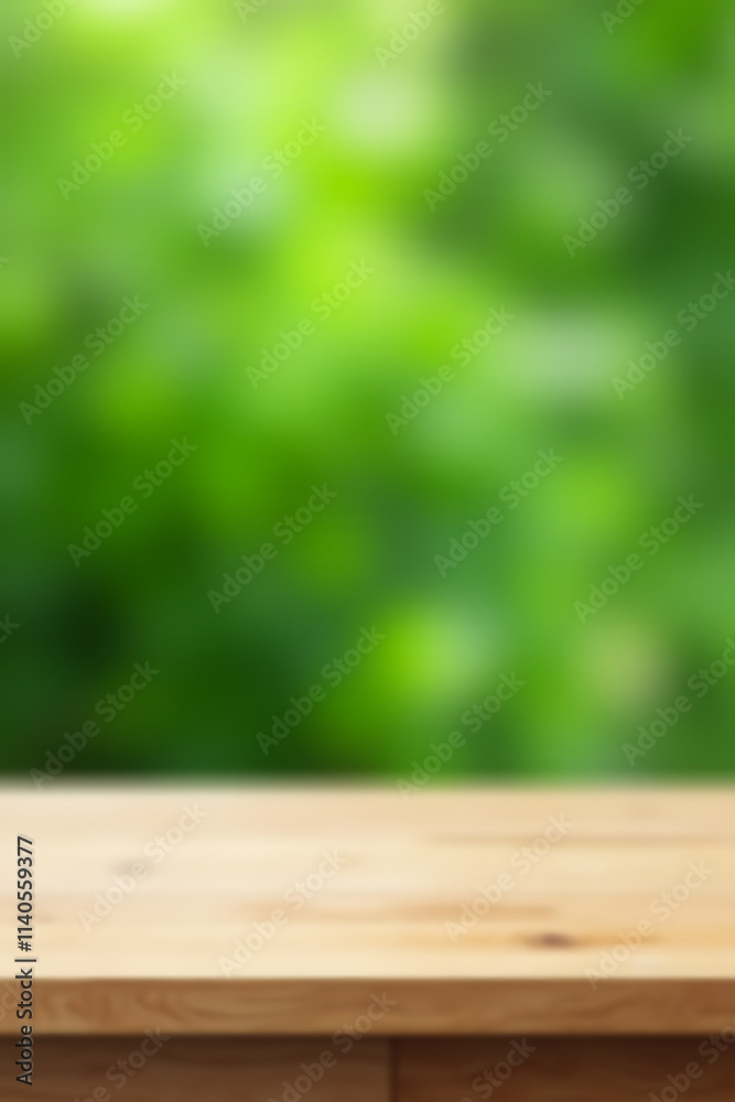 Poster a minimalist wooden tabletop with an abstract green blur in the background for a design or product s
