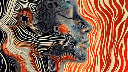 Artificial Intelligence concept. 3D model of human face made of lines, Op art surreal style.