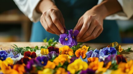 Hands carefully arranging colorful pansy flowers