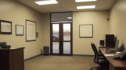 A modern office space featuring desks, phones, and informational wall art.