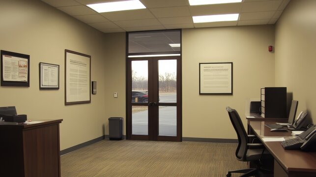 A modern office space featuring desks, phones, and informational wall art.