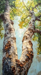 Impasto painting depicting two birch trunks reaching for the sky