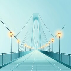 Obraz premium A serene view of a modern suspension bridge against a pale blue sky, illuminated by soft lamps in the twilight.