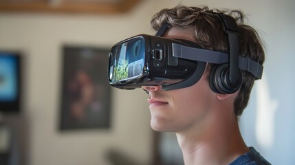 Smart man looking data or connecting with big data or virtual reality by using goggle or VR headset. Caucasian person exploring metaverse world and touching simulated program. Technology. Deviation.