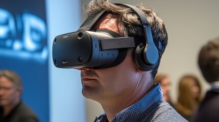 Smart man looking data or connecting with big data or virtual reality by using goggle or VR headset. Caucasian person exploring metaverse world and touching simulated program. Technology. Deviation.