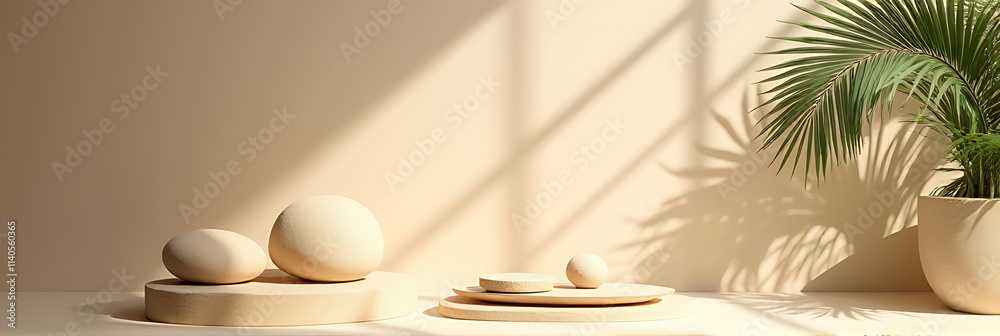Poster a minimalist sandstone product display platform is set amidst a tropical design featuring a palm lea