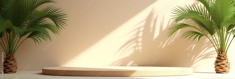 Poster a minimalist sandstone product display platform is set amidst a tropical design featuring a palm lea