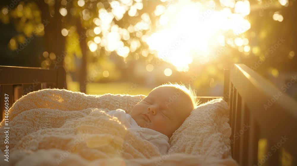 Poster infant in a crib outdoors, wrapped in a soft blanket with sunlight filtering through trees.