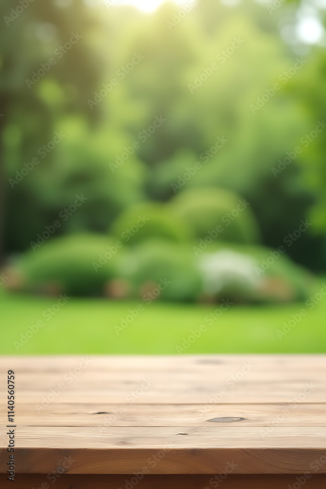 Aufkleber a minimalist photo shows a wood table surface in front of a blurred garden view with greenery and tr
