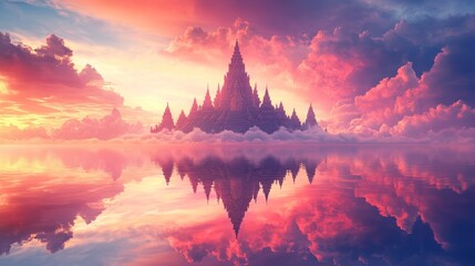 Fantasy castle reflected in a serene, pink sunset sky over calm water.