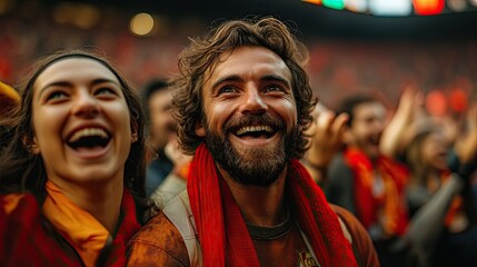 Obraz premium A man and woman cheer enthusiastically at a sporting event, their faces lit up with joy and excitement.