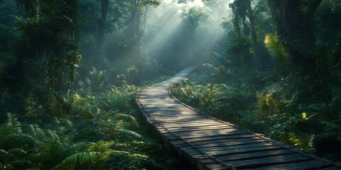 A serene woodland path winding through a lush, green forest, illuminated by soft rays of sunlight.
