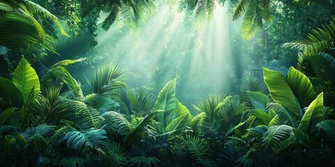 Lush green tropical forest with sun rays filtering through the dense foliage, creating a serene and vibrant atmosphere.