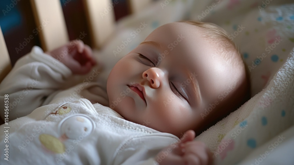 Poster icon-style image of a sleeping baby in a crib, with soft lines and pastel colors.
