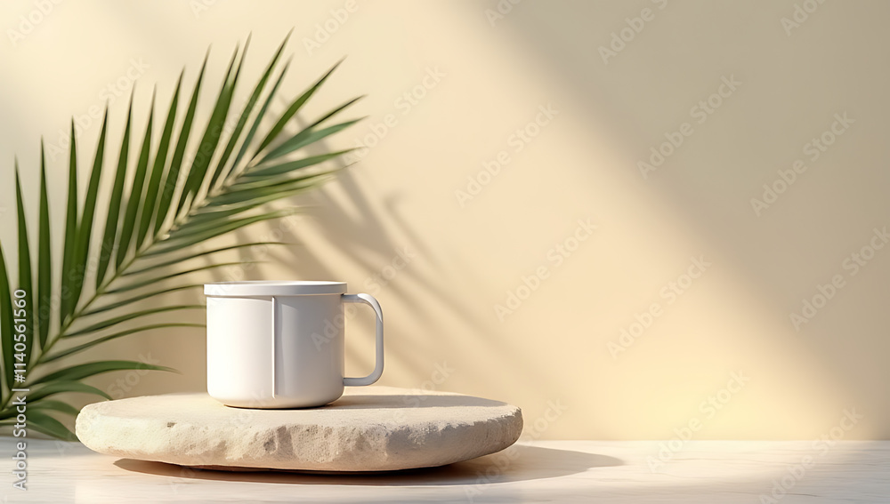 Poster a luxury product display features a sandstone top with a minimalist design and a palm leaf on a past