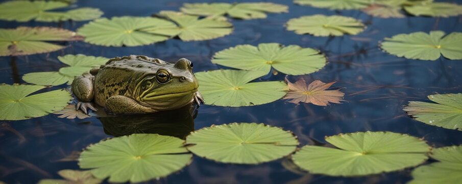 A bullfrog sits quietly on a partially submerged lily pad in the clear water of Steigerwald National Wildlife Refuge , bullfrog, steigerwald