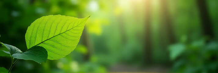 Fototapeta premium A lush green leaf set against a serene natural forest backdrop offers inspiring ideas for various creative projects._00004_