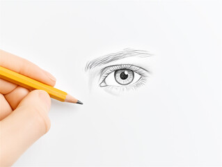 A hand drawing a detailed sketch of a human eye on white paper, showcasing artistic skill, creativity, and the art of illustration.