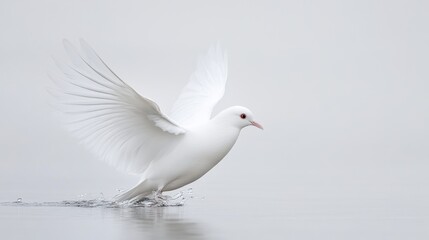 A white dove gracefully skims across a calm, reflective surface, embodying peace and serenity.