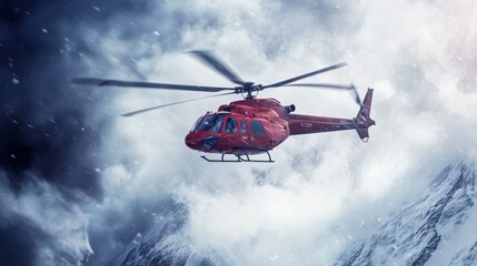 Red helicopter flying through snowy mountain peaks during a blizzard