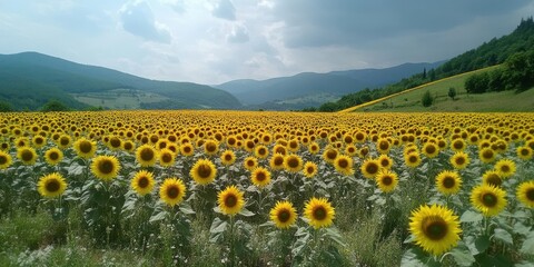 Fototapeta premium Vibrant sunflower field with lush mountains in the background under a cloudy sky, creating a peaceful and cheerful atmosphere.