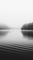 Black and White Minimalist Landscape of a Calm Forest Lake with Gentle Ripples and Dense Mist Covering the Trees in a Tranquil Atmosphere