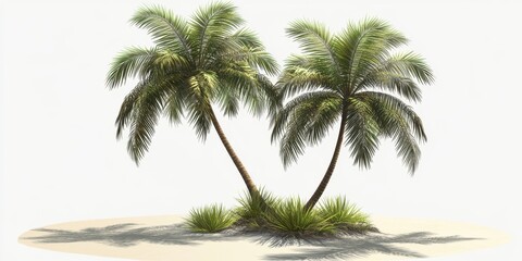 Obraz premium Two lush palm trees standing together on a sandy beach, evoking a tropical paradise ambiance.