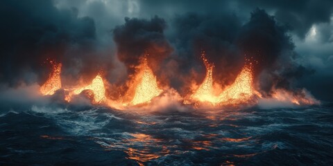 Fototapeta premium A mesmerizing eruption of lava meets the ocean, creating a dramatic display of steam and fiery colors in a dark, moody atmosphere.
