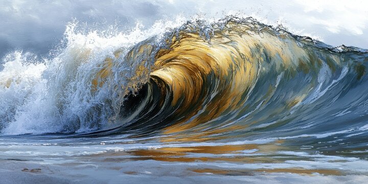A stunning close-up of a crashing ocean wave, reflecting golden sunlight and showcasing its dynamic motion.
