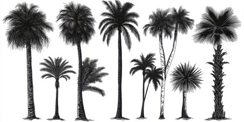 A variety of palm trees in silhouette, showcasing different shapes and sizes against a white background.