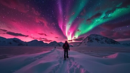 Fototapeta premium Hiker under vibrant Northern Lights over snowy landscapes in Yukon, Canada