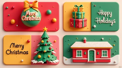 Various Christmas, New Year card and banner collection: Santa Claus, Christmas tree, snowman, reindeer, ornament, xmas elements and decorations and many more